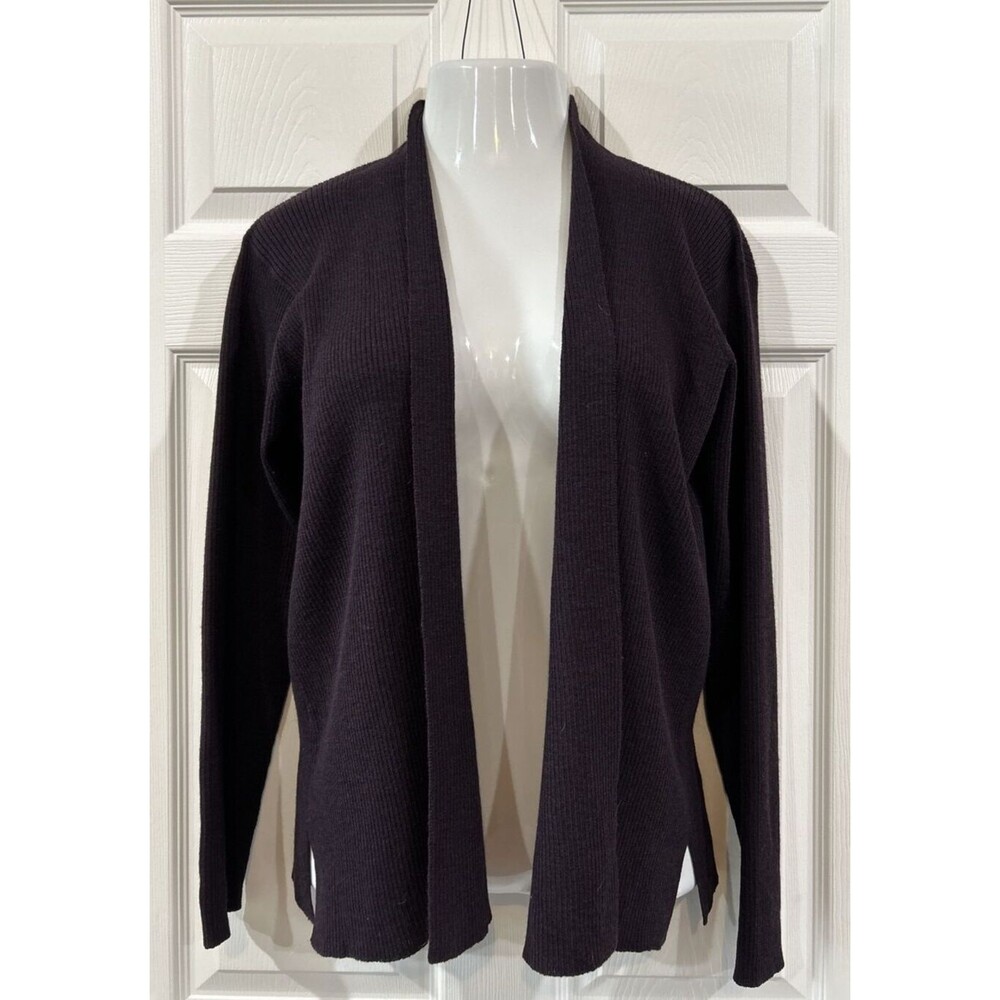 Eileen Fisher Deep Wine Purple Open Front Cardigan Wool Sweater Women's M